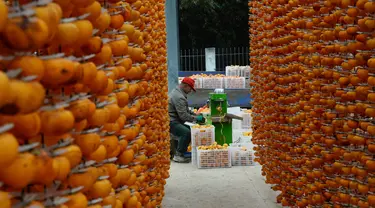 Seorang petani mengolah buah kesemek yang segar untuk dijadikan kudapan kering di Desa Maquangou di Wilayah Pinglu, Provinsi Shanxi, China utara, pada 27 Oktober 2020. (Xinhua/Ma Yimin)