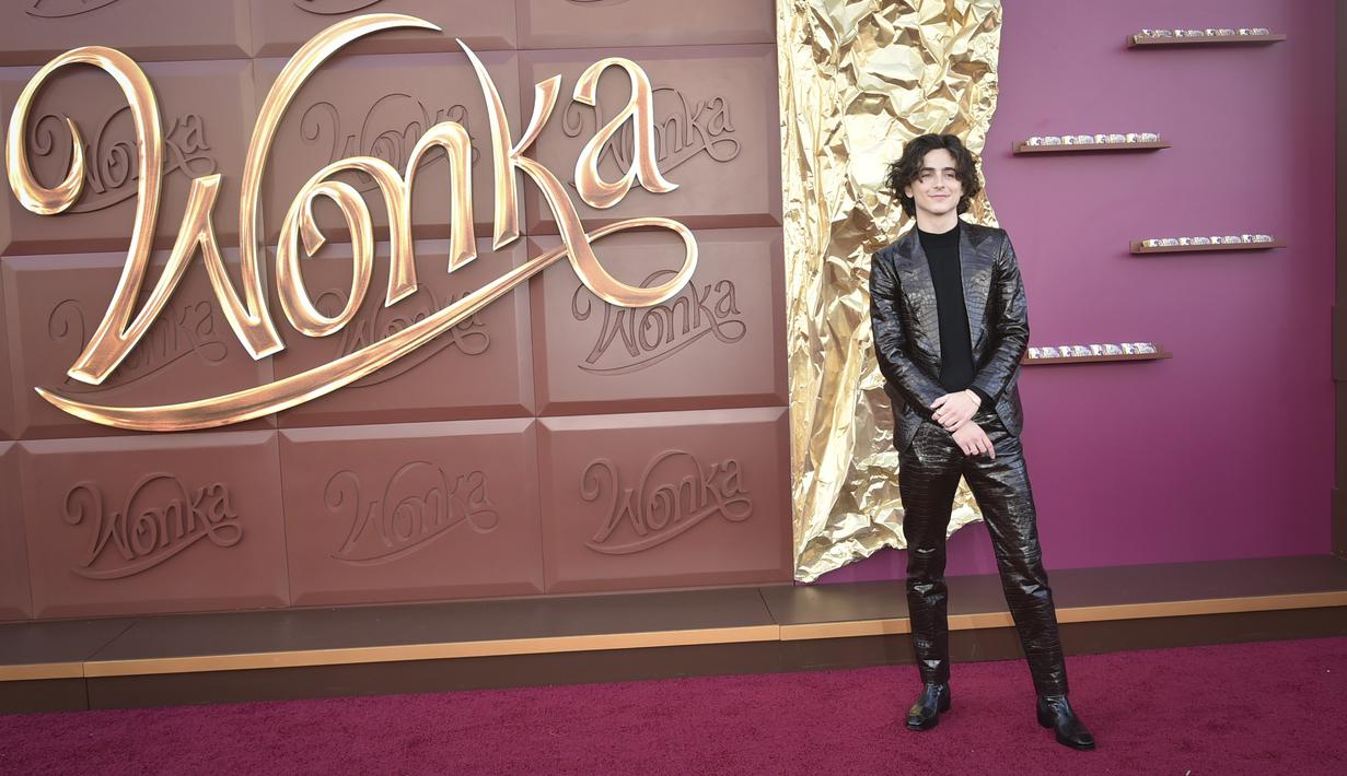 Chalamet terlihat keren dalam balutan jaket kulit buaya hitam mengkilap dengan celana panjang dan sepatu bot yang serasi. (Photo by Richard Shotwell/Invision/AP)