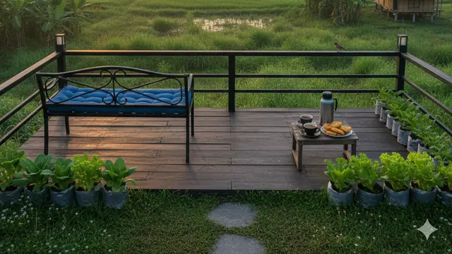 Teras Rumah Nyaman untuk Ngopi dengan View Kebun Hijau. AI