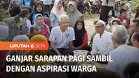 Gubernur Jawa Tengah sekaligus bakal capres PDIP Ganjar Pranowo, sarapan pagi dan ngopi bareng warga di Kabupaten Pati, sambil mendengarkan curahan hati warga. Pada Minggu (06/08) siang, Ganjar pamitan kepada Nyai Muchsinah Cholil di Rembang.