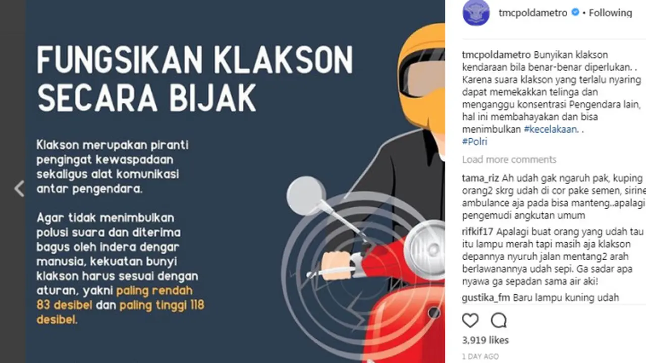 Jangan Jadi Polusi Suara, Bunyikan Klakson Dengan Bijak (instagram @tmcpoldametro)