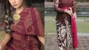 Erina tampil elegan dengan batik bernuansa merah bata. Dress dengan detail atasan cape ini membalut tubuh Erina dengan baik, disempurnakan dengan aksesori berupa bros, anting, gelang, dan cincin emas. Penampilan menarik Kahiyang dengan kebaya Bali. Kebaya Bali bernuansa merah keunguan dipadu dengan kain wastra yang juga khas Bali, dan selendang merah. [Foto: Instagram/ayanggkahiyang/erinagudono]