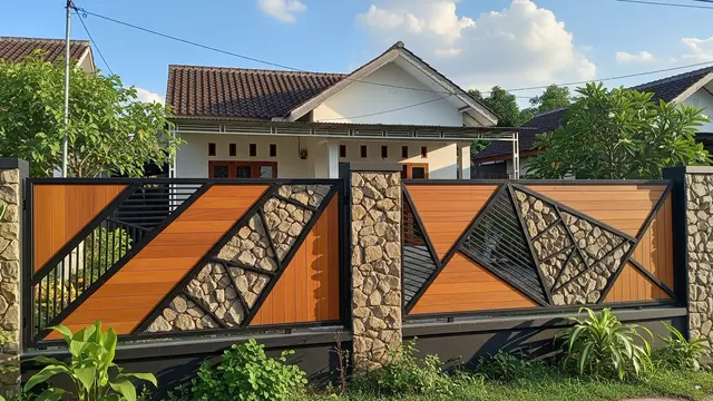 Desain Pagar Besi Kombinasi Kayu dan Batu Alam/ Ilustrasi AI