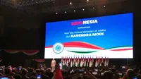 PM India Narendra Modi menyampaikan pidato di hadapan warga negaran dan keturunan India, di sela-sela kunjungan resmi ke Jakarta pada Rabu, 30 Mei 2018. (Liputan6.com/Happy Ferdian Syah Utomo)