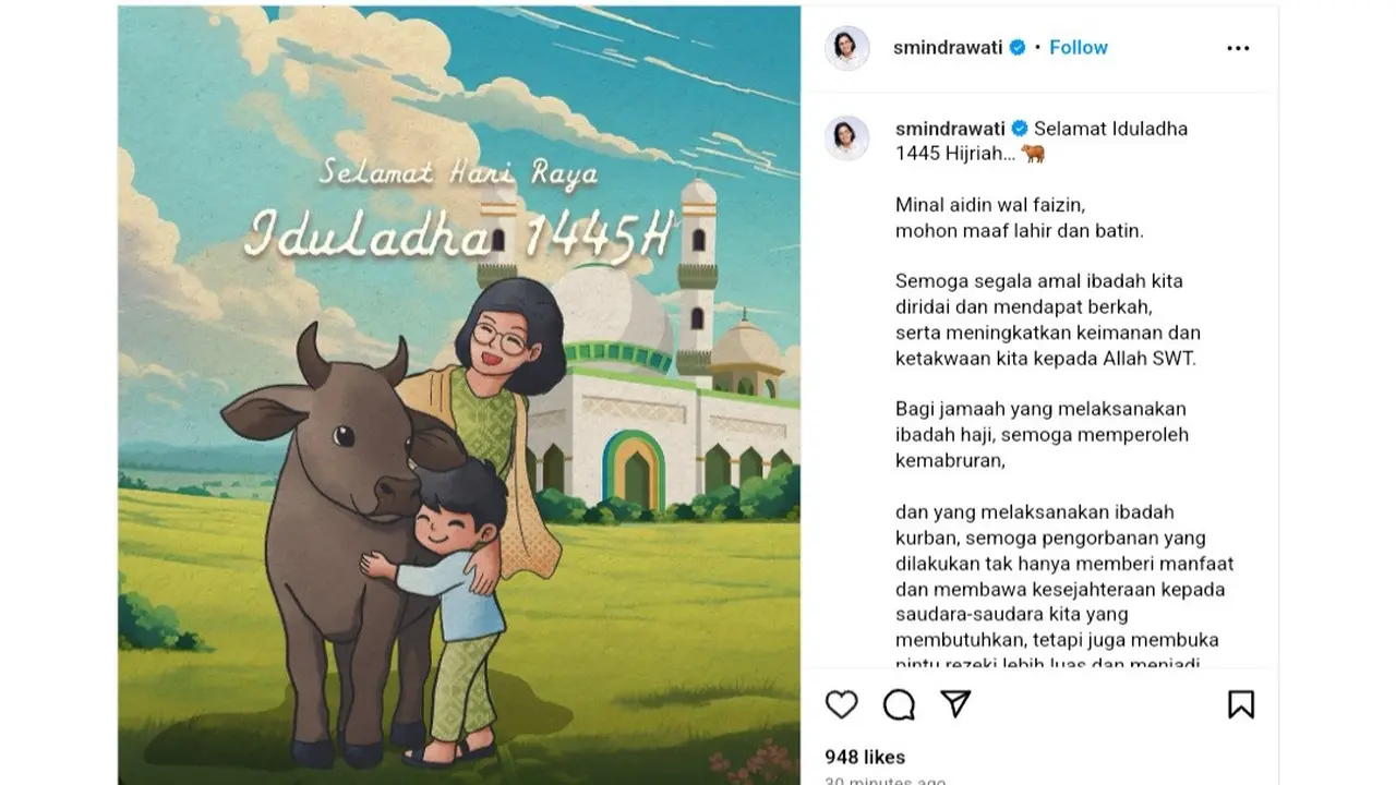 Menteri Keuangan Sri Mulyani Indrawati mengirimkan pesan di tengah ibadah haji yang sedang dijalankannya. Ada doa yang disampaikan ditengah momen Hari Raya Idul Adha.