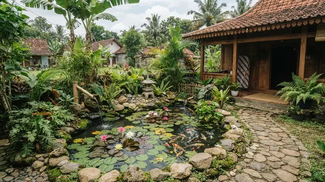 Tanaman air yang cocok untuk kolam mini bergaya Jepang model dengan tanaman teratai