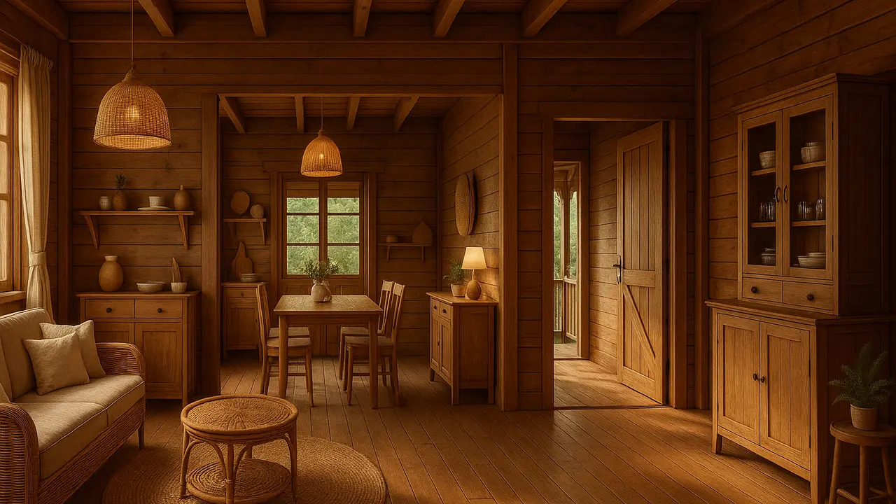 Model Rumah Kampung dengan Interior Kayu/Ilustrasi gambar oleh AI