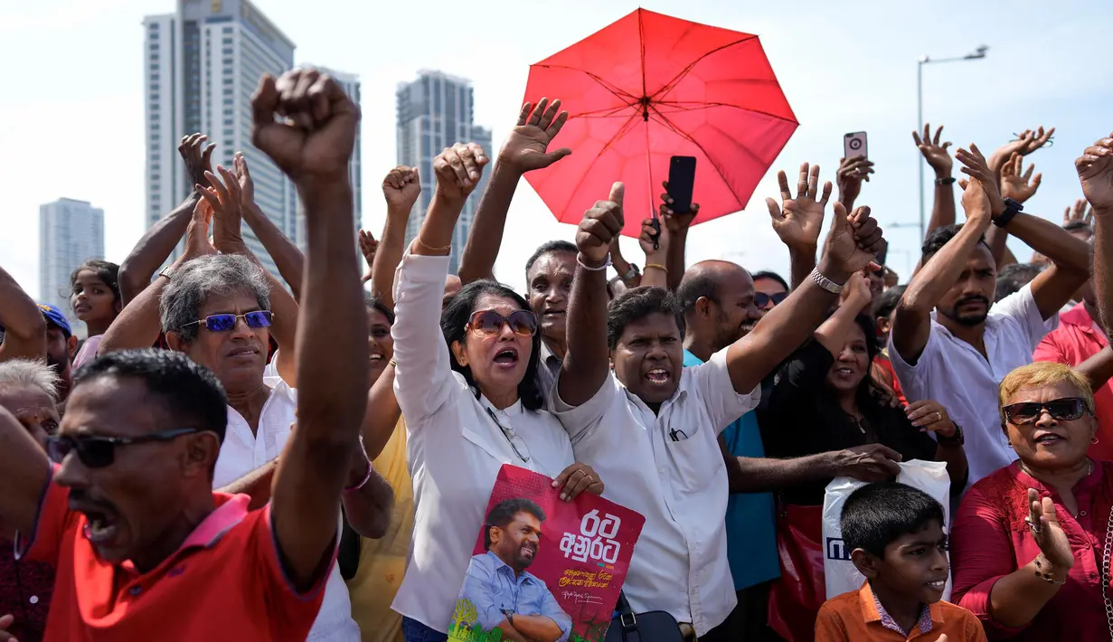 Pada Minggu (22/9/2024, Anura Kumara Dissanayake—yang berhaluan marxis—usai terpilih sebagai presiden baru Sri Lanka langsung menyerukan persatuan dari berbagai kalangan masyarakat. (AP Photo/Eranga Jayawardena)