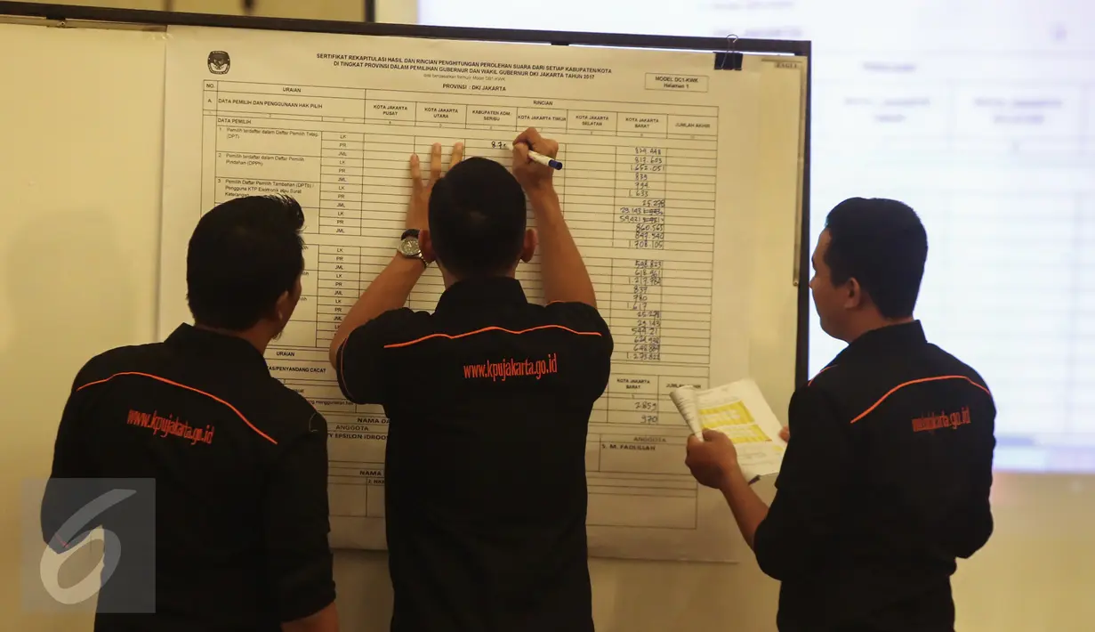 Petugas menulis data saat rekapitulasi penghitungan sura tingkat provinsi Pilkada DKI Jakarta di Grand Sahid, Jakarta, Minggu (26/2). Rekapitulasi ini rangkaian tak terpisahkan dari pencoblosan dan penghitungan suara di TPS. (Liputan.com/Faizal Fanani)