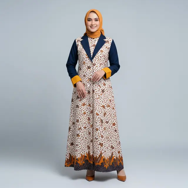 Model Gamis Batik Blazer Kombinasi Warna Kontras