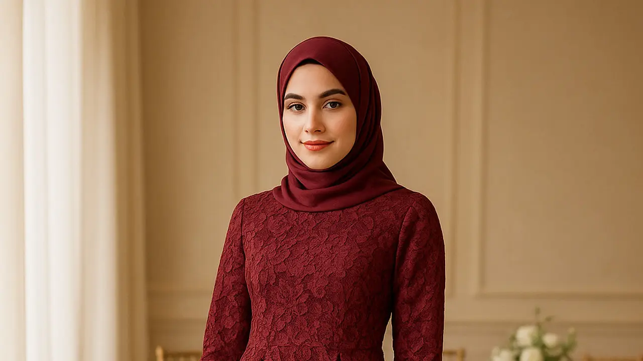 Model Gamis Brokat Burgundy