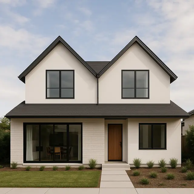 Model Rumah 2 Lantai Atap Segitiga dengan Solar Panel Terintegrasi. Foto: ChatGPT