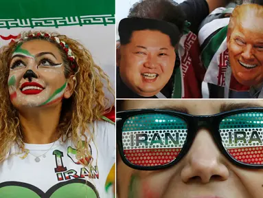 Ada hal unik yang dilakukan suporter Iran saat mendukung negaranya, mereka memakai topeng wajah dari Donald Trump dan Kim Jong-un. Tak hanya itu, sejumlah suporter cantik juga turut menambah semarak suasana. (Kolase foto-foto dari AP)