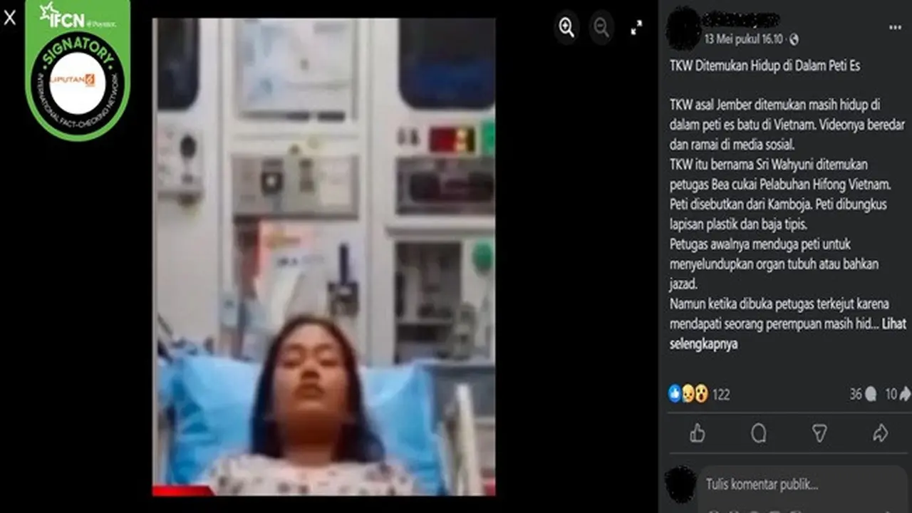 Gambar tangkapan layar kabar tentang seorang TKW asal Jember ditemukan masih hidup di dalam peti es di Vietnam. (sumber: Facebook)