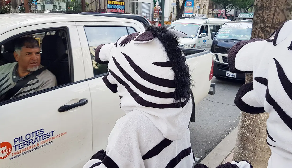 Warga berpakaian seperti zebra berbincang dengan pengendara mobil saat program pendidikan di jalan di La Paz, Bolivia,(5/12). Kegiatan ini untuk meningkatkan kesadaran masyarakat tentang keselamatan di jalan. (REUTERS/David Mercado)