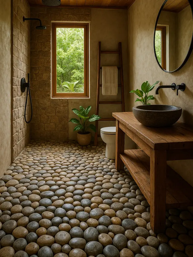 Model Kamar Mandi dengan Lantai Batu Kerikil (Image by ChatGPT)