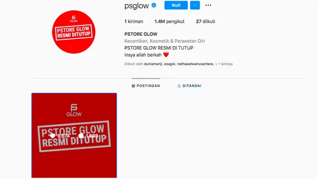 Di Instagram, PS Glow umumkan telah resmi ditutup.