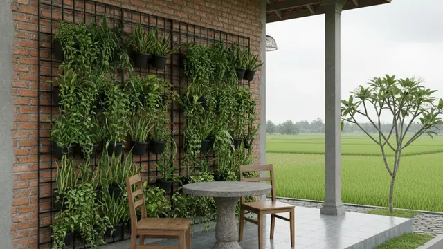 Desain Teras Rumah dengan Taman Mini di Desa. AI