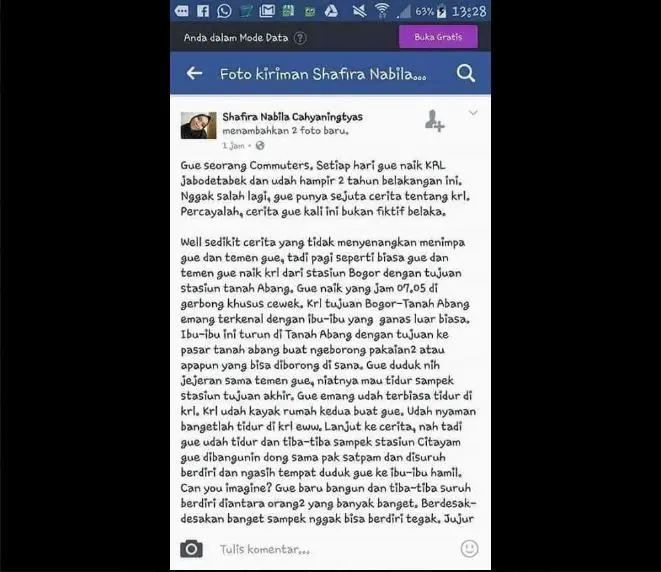 Shafira Nabila dan Curhatannya Soal Bangku untuk Ibu Hamil di KRL. (Facebook)