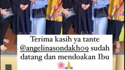 Dalam Instagram Stories, Bella Fawzi mengucapkan terima kasih kepada Angelina Sondakh yang sudah datang dan mendoakan ibunya. Bella yang memakai baju kuning bercorak itu juga sudah mulai bisa tersenyum setelah kesedihan mendalamnya saat sang ibunda dimakamkan. (Liputan6.com/IG/@bellafawzi_/)