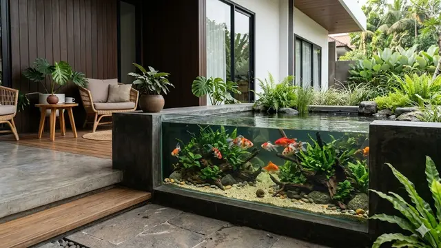Desain Kolam Ikan Dangkal yang Menggabungkan Ikan dan Tanaman Hias