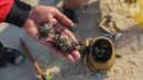 Warga menunjukkan kerang laut hasil tangkapan di pesisir pantai Pulau Pasir, Lombok Timur, Sabtu (3/8/2019). Mereka menangkap kerang untuk dikonsumsi dengan menggunakan alat sederhana yang dibuat dengan besi menyerupai garpu. (Liputan6.com/Fery Pradolo)