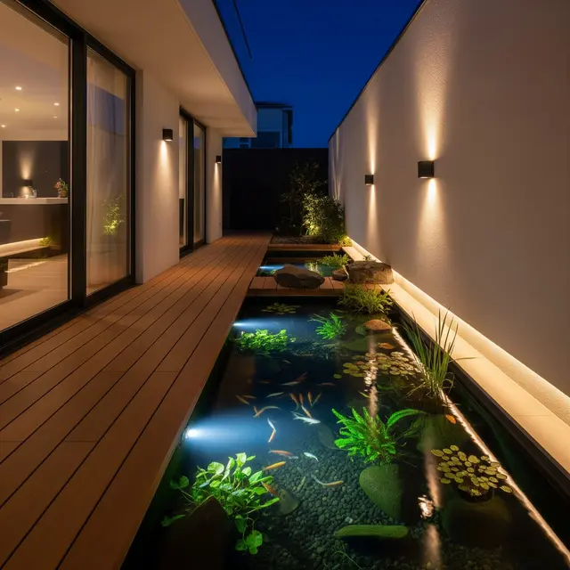 Teras Rumah Sempit dengan Kolam Kecil