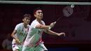 Pebulutangkis ganda putra Indonesia, Muhammad Sohibul Fikri/Bagas Maulana bertanding melawan pebulutangkis ganda putra Jepang Takuro Hoki/Yugo Kobayashi Jonatan pada laga perempat final Indonesia Masters 2023 di Istora Senayan, Jakarta, Jumat (27/01/2023). Bagas/Fikri kalah dengan skor 11-21, 13-21. (Bola.com/Bagaskara Lazuardi)