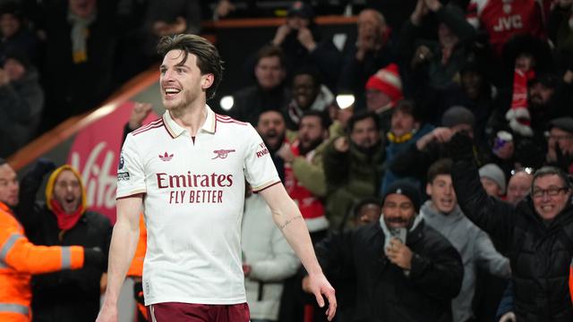 Declan Rice merayakan golnya di laga Bournemouth vs Arsenal di pekan ke-20 Liga Inggris 2025/2026 di Vitality Stadium, Minggu (04/01/2026) dini hari WIB.