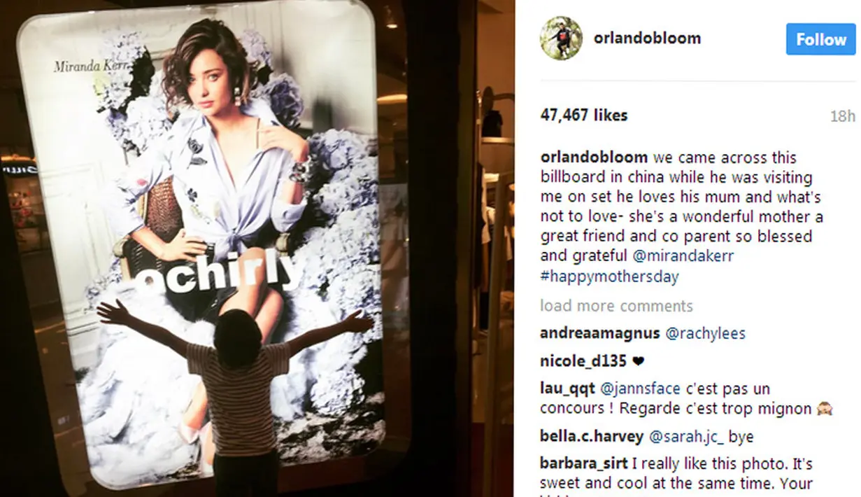 Di unggahan foto tersebut Bloom juga menuliskan keterangan foto berupa ucapan Selamat Hari ibu untu Miranda. Ia juga mengaggumi sosok Miranda dengan menyebutnya sebagai ibu yang luar biasa dan bisa menjadi teman. (Instagram/orlandobloom)