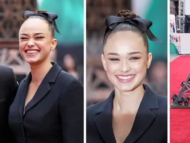 Foto kombinasi Rose Williams berpose untuk fotografer pada saat kedatangan untuk pemutaran perdana film 'Mrs. Harris Pergi ke Paris' di London (25/9/2022). (Photo by Scott Garfitt/Invision/AP)