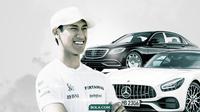 Sean Gelael dengan mobil mewah Mercedes Maybach dan Mercedes AMG GT (Bola.com/Dody Iryawan)