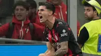 Ekspresi Christian Pulisic usai membobol gawang Napoli, Senin (29/9/2025) (AP Photo/Luca Bruno)