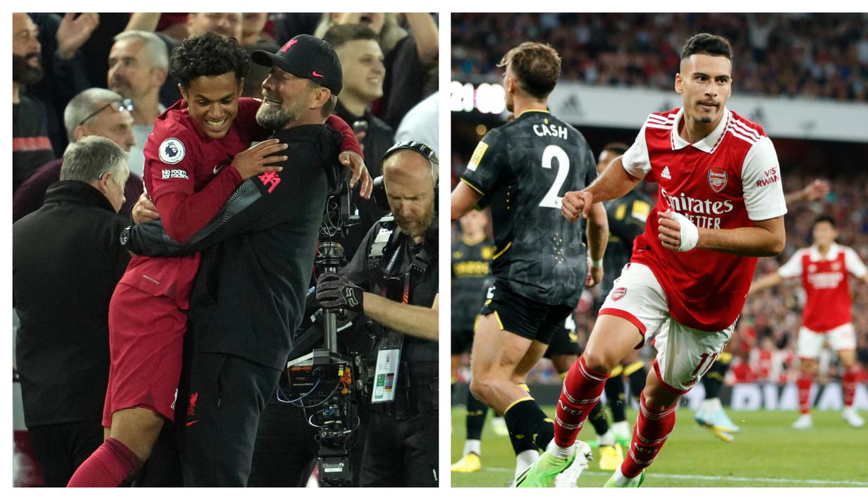 Bermain di kandang, Liverpool dan Arsenal sama-sama meraih hasil positif di pekan ke-5 Liga Inggris 2022/2023 yang digelar di tengah pekan, Kamis (1/9/2022) dini hari WIB. Kedua tim meraih kemenangan identik 2-1 atas para tamunya, The Reds mengungguli Newcastle United sementara The Gunners mengatasi perlawanan Aston Villa. (Kolase AP)