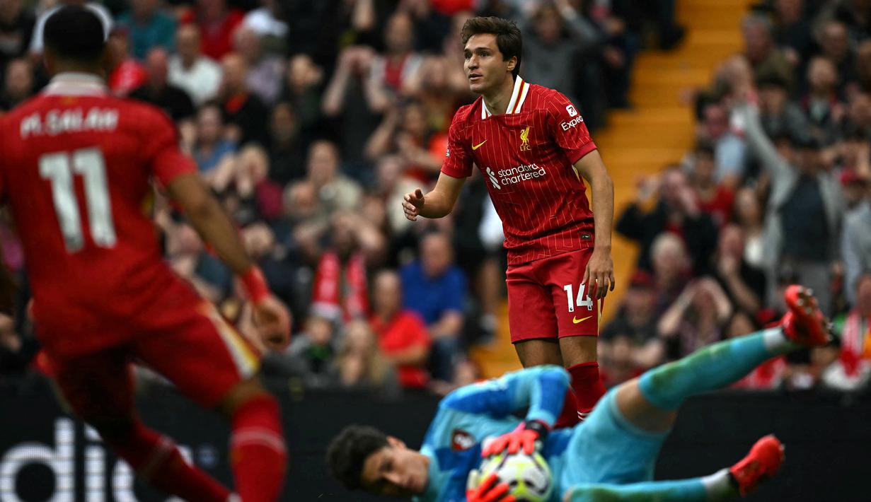 Federico Chiesa dilaporkan meminta Liverpool untuk mengizinkannya pergi dengan status pinjaman pada Januari 2025 ini. Hal tersebut dilakukan agar dirinya dapat memperoleh lebih banyak waktu bermain di lapangan. (AFP/Paul Ellis)