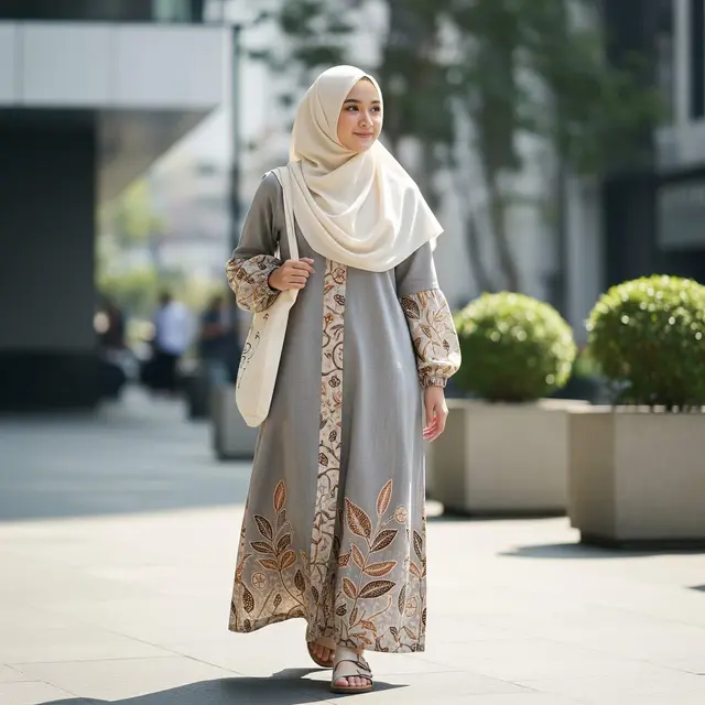 Gamis Batik Earthy Tone Kombinasi Lengan Balon Modern 2025