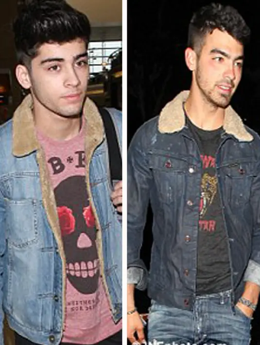 Zayn Malik dan Joe Jonas memiliki selera yang sama dalam memakai jaket denim. (via dailymail.co.uk)