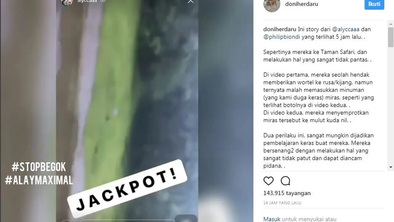 Aksi tidak terpuji salah satu pengunjung Taman Safari yang memberikan miras ke satwa. (Foto: Instagram @doniherdaru)