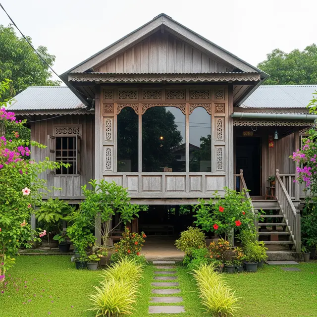 Rumah Kampung Kombinasi Kayu dan Bata Ekspos (Gemini AI)