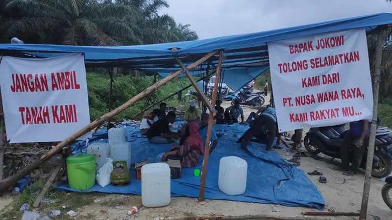 Petani lahan plasma di Kabupaten Pelalawan mendirikan tenda sebagai perlawanan eksekusi kebun sawit mereka.