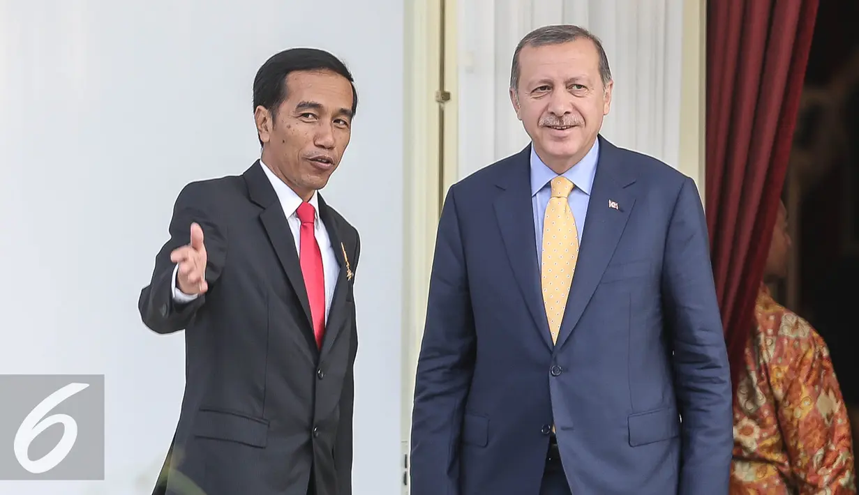 Presiden Jokowi berbincang dengan Presiden Turki Recep Tayyip Erdogan di Istana Merdeka, Jakarta, Jumat (31/7/2015). Kunjungan kenegaraan ini bertepatan dengan perayaan 65 tahun hubungan kerja sama antara Indonesia dan Turki. (Liputan6.com/Faizal Fanani)