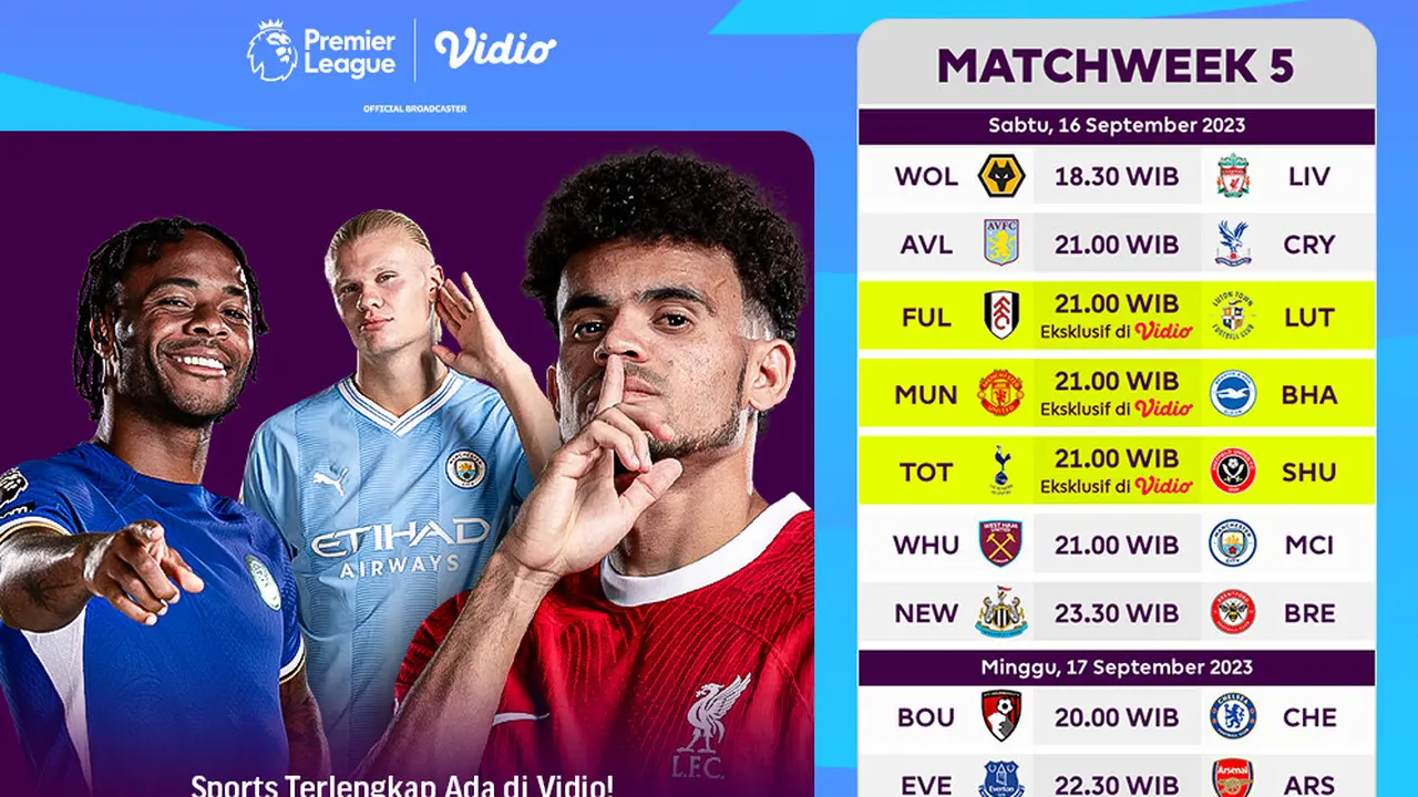 Jadwal Live Streaming Liga Inggris 2023/2024 Matchweek 5 di Vidio, 16-19 September 2023