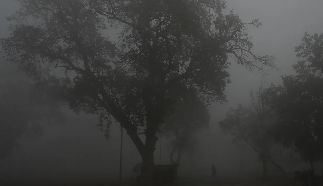 Orang-orang berjalan di sepanjang jalan di dekat gerbang India di tengah kabut asap tebal di New Delhi pada Rabu (22/2/2023). Pada 2020 lalu, studi dari Lancet mengaitkan 1,67 juta kematian dengan polusi udara di India tahun 2019, termasuk hampir 17.500 di New Delhi. Otoritas Delhi sering mengumumkan berbagai rencana untuk mengurangi polusi, misalnya dengan menghentikan pekerjaan konstruksi, tetapi tidak banyak berpengaruh. (Arun SANKAR/AFP)