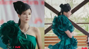 Namun Seo Ye Ji tak selalu tampil kalem. Ada kalanya ia mengenakan dandanan dramatis seperti gaun hijau yang berasal dari koleksi desainer Eli Saab, diwartakan Soompi. (Foto: tvN via Soompi)