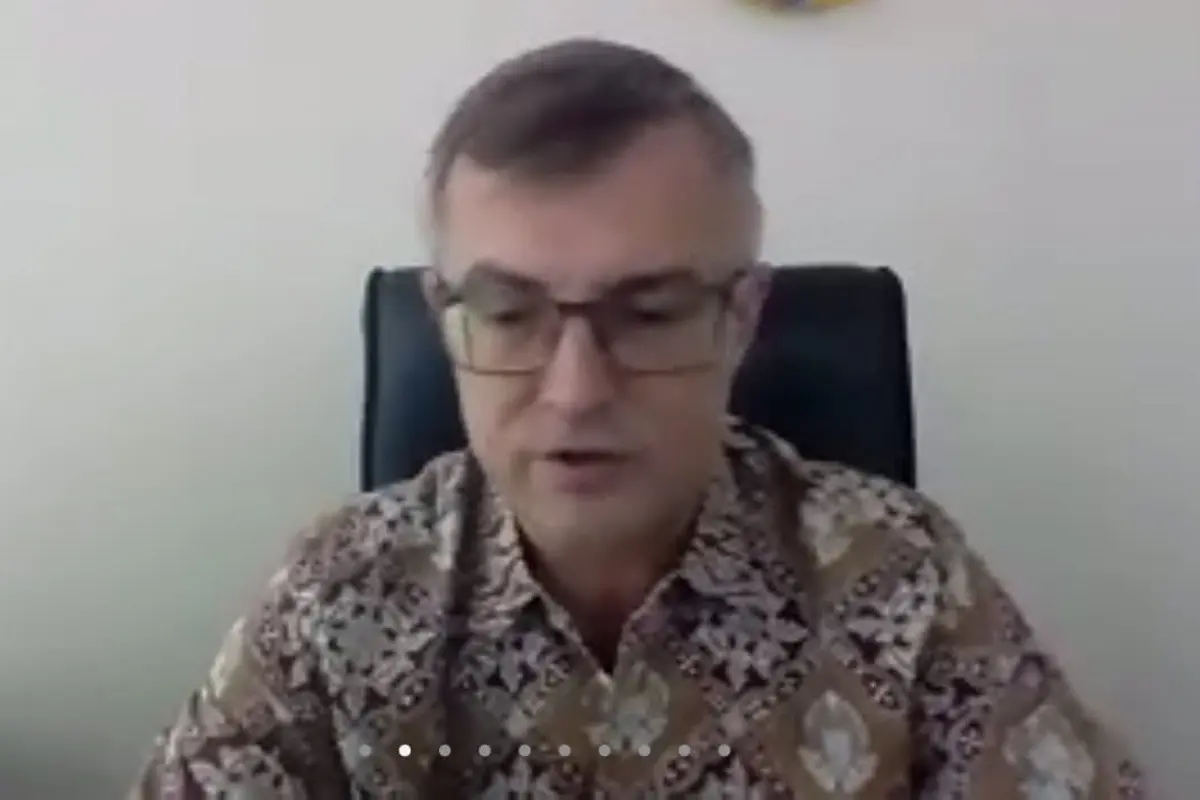 Duta Besar Ukraina untuk Indonesia, Vasyl Hamianin dalam pers briefing update perang Rusia Ukraina. (Screen Grab/Tanti Yulianingsih)