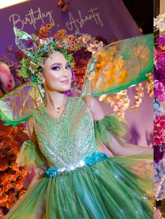 Detail penampilan Luna Maya yang menjelma sebagai Tinkerbell juga tak kalah menarik perhatian. Tampil totalitas, Luna Maya juga menghadirkan makeup super cantik bernuansa keunguan yang serasi dengan kostumnya yang serba hijau. [Foto: Instagram/lunamaya]