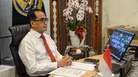 Menteri Perhubungan (Menhub) Budi Karya Sumadi pada Webinar bertema “Recovery Plan Penerbangan di Indonesia” yang diselenggarakan oleh Kamar Dagang Indonesia (KADIN) di Jakarta, Kamis (30/6/2022).