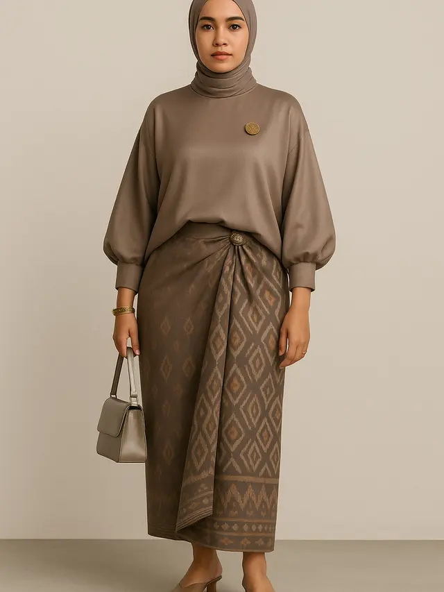 Model Tunik Polos Berbahan Satin Dipadukan dengan Rok Lilit Motif Etnik (Foto: ChatGPT)