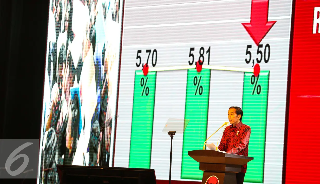 Presiden Jokowi berpidato dengan latar belakang bergambar tabel kinerja pemerintah saat HUT PIDP di JCC, Jakarta Pusat, Selasa (10/1). Jokowi membanggakan kinerja ekonomi Indonesia yang mampu mencapai angka 5,18 persen. (Liputan6.com/Faizal Fanani)