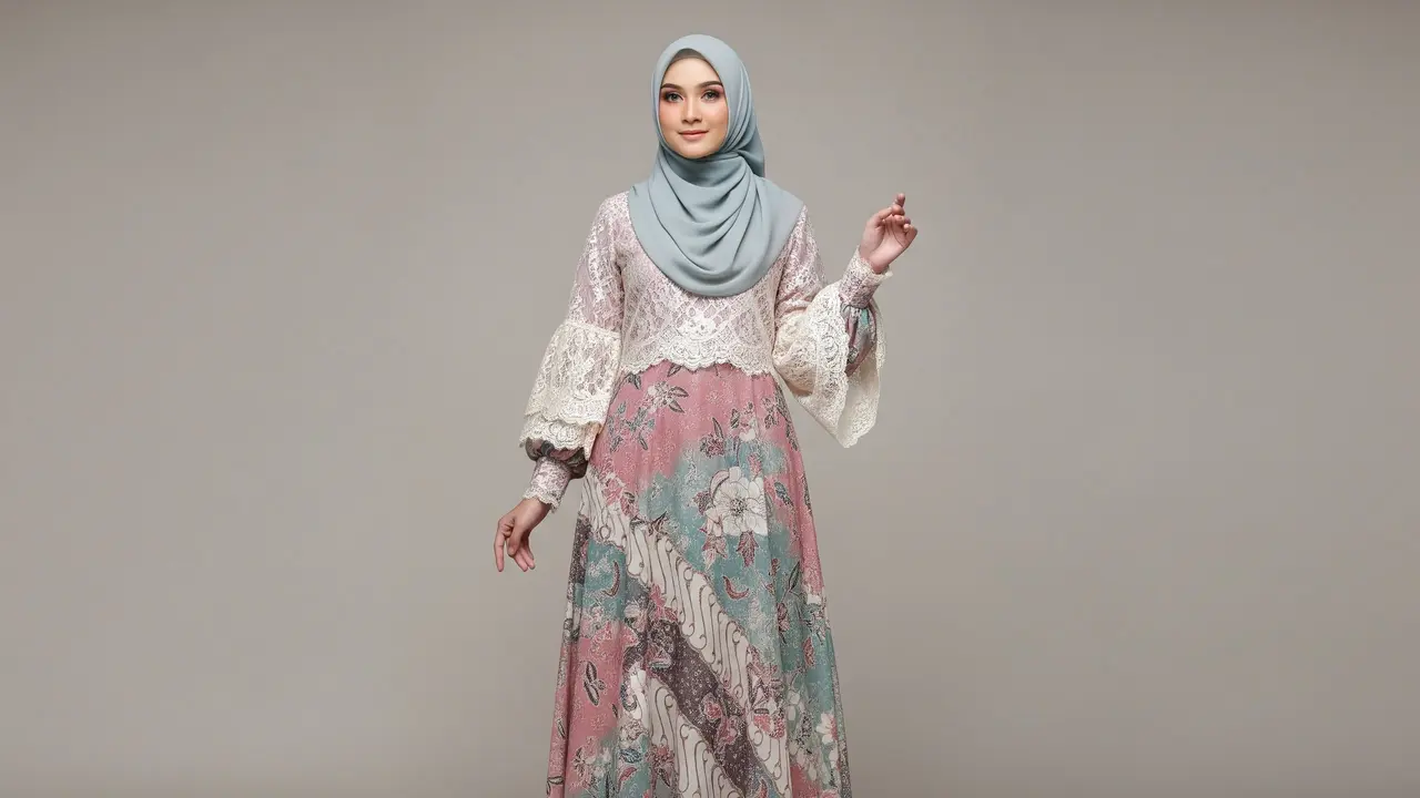 Gamis Batik Organza Cutting A-line dengan Aksen Brokat di Lengan
